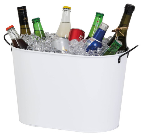 A white ice bucket filled with ice and various bottles, including beers and soft drinks. It has one logo visible. A white ice bucket filled with ice and various bottles, including beers and soft drinks. It has one logo visible.