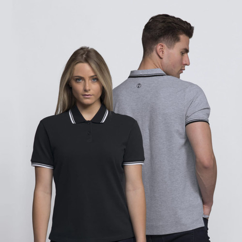 A black and grey polo shirt, featuring contrasting stripes on the collar and sleeves, with a small logo on the back. A black and grey polo shirt, featuring contrasting stripes on the collar and sleeves, with a small logo on the back.