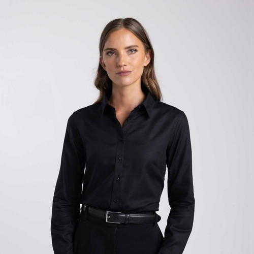 A button-up shirt for women in black, featuring a collar and long sleeves, with a logo present.