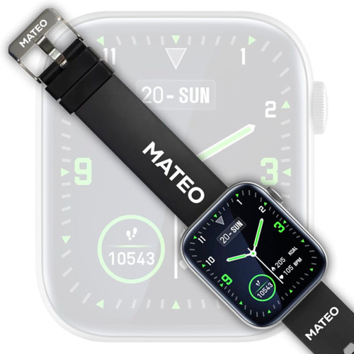 A black Mateo Smart Watch with a square face displaying digital time and date. The watch features a sleek design and includes a logo. A black Mateo Smart Watch with a square face displaying digital time and date. The watch features a sleek design and includes a logo.
