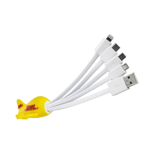 A custom moulded charge cable in white with a yellow aeroplane-shaped connector and multiple charging ends. A custom moulded charge cable in white with a yellow aeroplane-shaped connector and multiple charging ends.