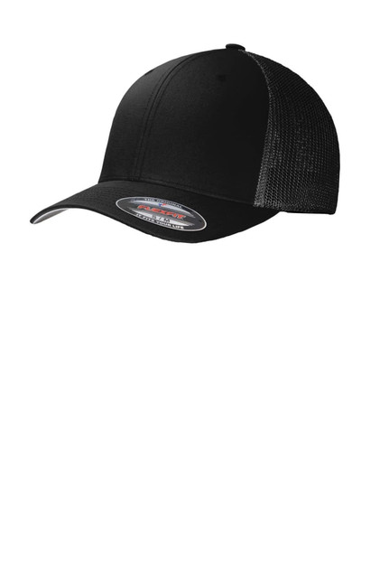 A black cap featuring a solid front and mesh back, with a logo on the side.