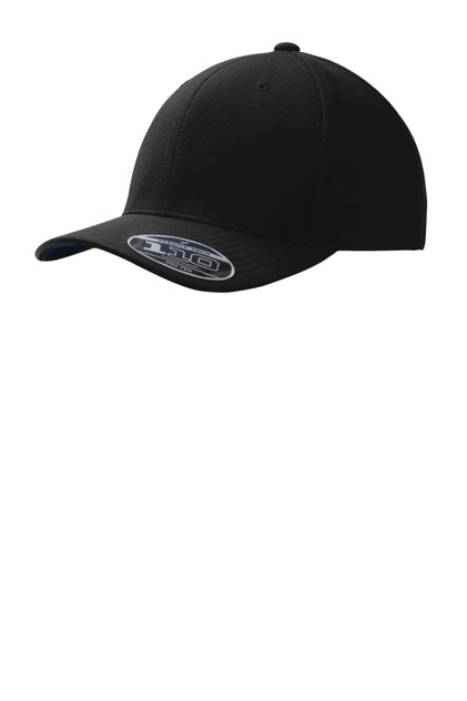 A black Flexfit cap with a rounded crown and curved visor, featuring a logo on the side.