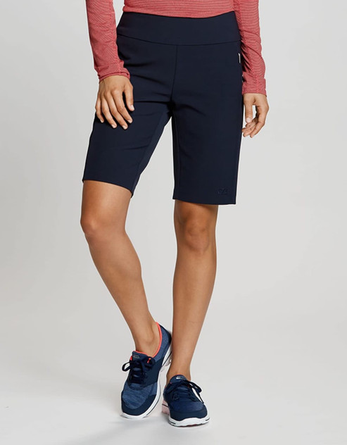 A pair of navy dress shorts with a fitted design, featuring a logo and styled for active wear. A pair of navy dress shorts with a fitted design, featuring a logo and styled for active wear.