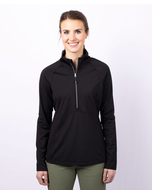 A black half-zip jacket for ladies with a fitted design and a logo on the chest. A black half-zip jacket for ladies with a fitted design and a logo on the chest.
