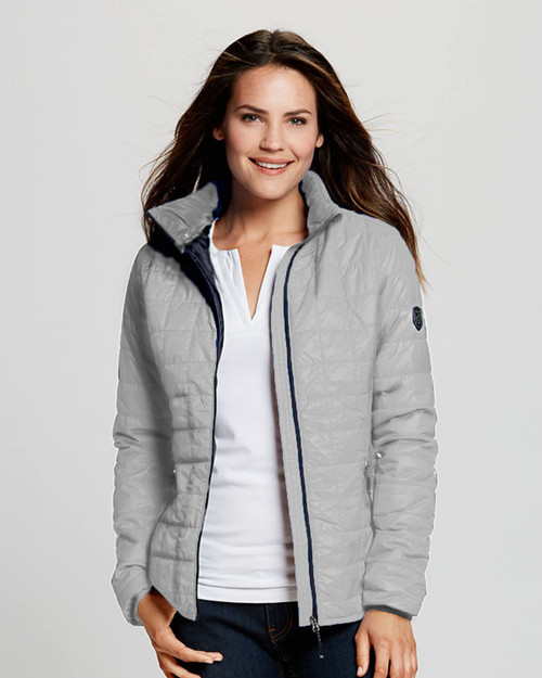 A lightweight, grey rain jacket with a zip front and high collar, featuring a simple logo on the sleeve.