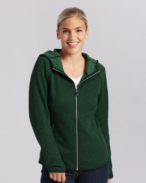 A green hooded jacket with a zip closure and a fitted design. The jacket features a double-layered hood.