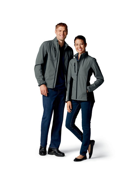Two models are wearing grey Ladies Clique Narvik Colourblock Softshell jackets, one with zipper pockets, against a white background. Two models are wearing grey Ladies Clique Narvik Colourblock Softshell jackets, one with zipper pockets, against a white background.