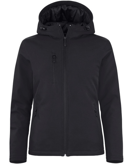 A black softshell jacket with a hood, featuring multiple zippered pockets and a logo on the sleeve. A black softshell jacket with a hood, featuring multiple zippered pockets and a logo on the sleeve.