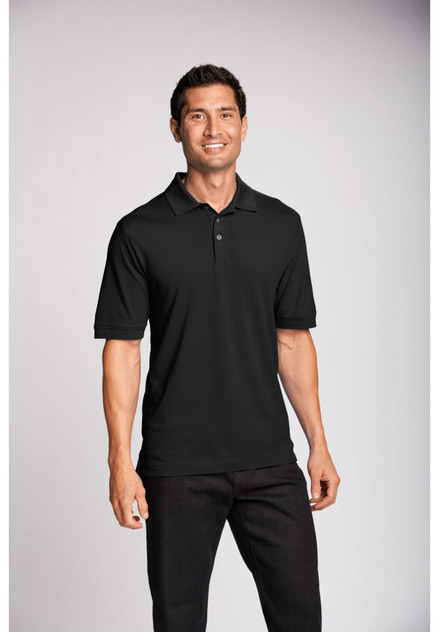 A black polo shirt with a collar, featuring a logo, worn by a smiling male model against a neutral background. A black polo shirt with a collar, featuring a logo, worn by a smiling male model against a neutral background.