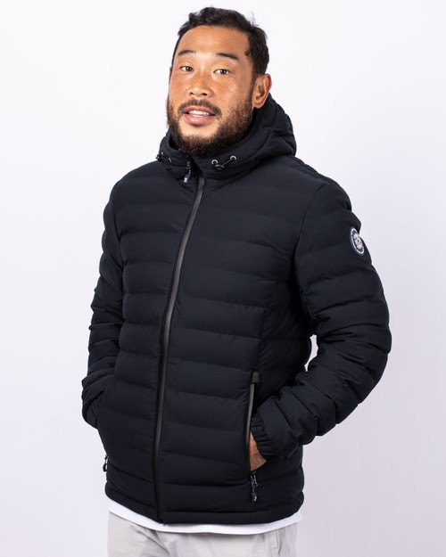 A black men's puffer jacket with a hood, featuring a logo and zippered pockets. A black men's puffer jacket with a hood, featuring a logo and zippered pockets.