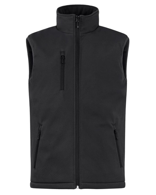 A black men's softshell vest featuring a high collar and multiple zippered pockets, with a logo on the chest.