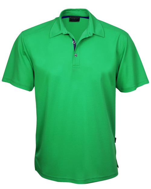 A green polo shirt featuring a collar and a branding logo. Short sleeves and a button placket are visible. A green polo shirt featuring a collar and a branding logo. Short sleeves and a button placket are visible.