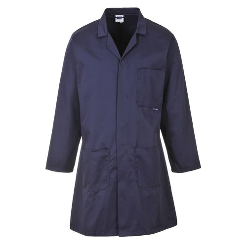 A navy blue coat with a collar, long sleeves, and multiple pockets. It features a branding logo.