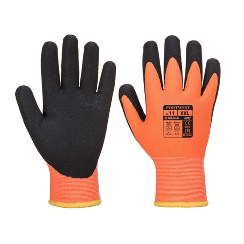 A pair of Thermo Pro Ultra Gloves featuring an orange and black design with a branded logo on one glove.
