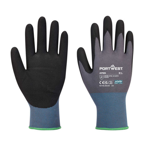 Nitrile foam gloves in black and grey, featuring a snug fit and a logo on the wrist.