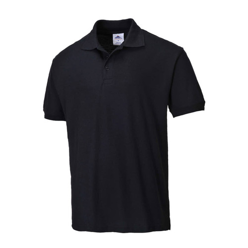 A black polo shirt with a collar and three-button placket. It features a logo on the chest.