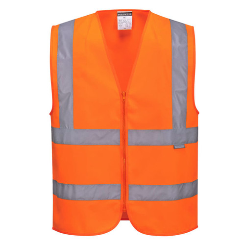 A zipped vest in high-visibility orange with reflective grey stripes and a logo on the front.