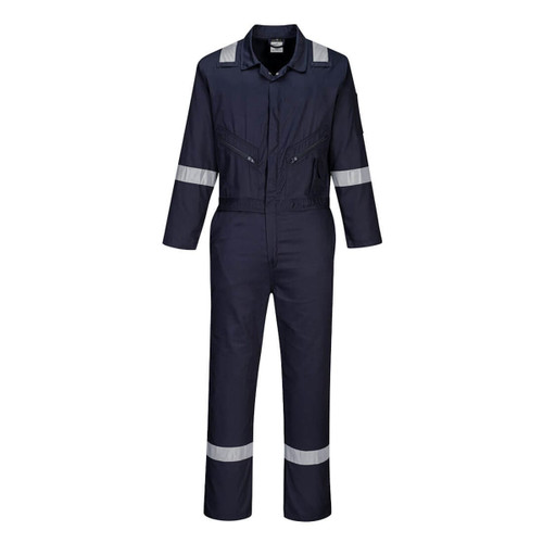 A navy blue coverall featuring reflective stripes, zippers, and two front pockets, with a logo on the chest.