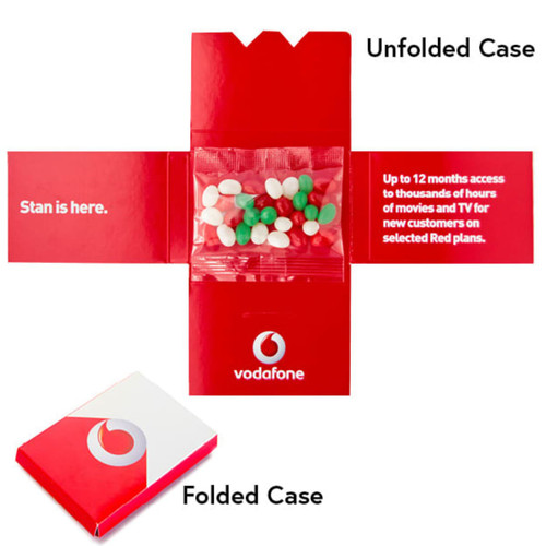 A promotional case displaying red and white colours, containing mini jelly beans in green and white. Features a logo. A promotional case displaying red and white colours, containing mini jelly beans in green and white. Features a logo.