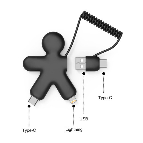 A black charging cable shaped like a buddy figure, featuring USB, Type-C, and Lightning connectors. A black charging cable shaped like a buddy figure, featuring USB, Type-C, and Lightning connectors.