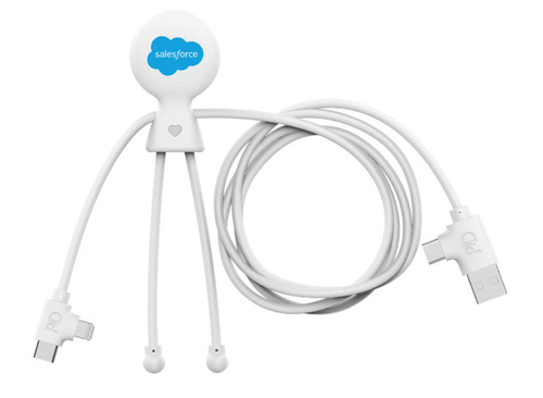 A white charging cable with a character-shaped connector and multiple ends for different devices. It features a logo. A white charging cable with a character-shaped connector and multiple ends for different devices. It features a logo.