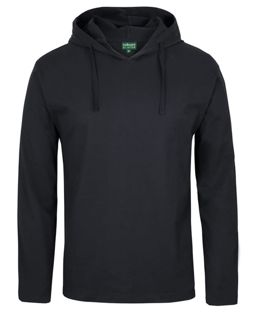 A long-sleeve hooded tee in black, featuring a front pocket and a hood design. It includes a logo label inside. A long-sleeve hooded tee in black, featuring a front pocket and a hood design. It includes a logo label inside.