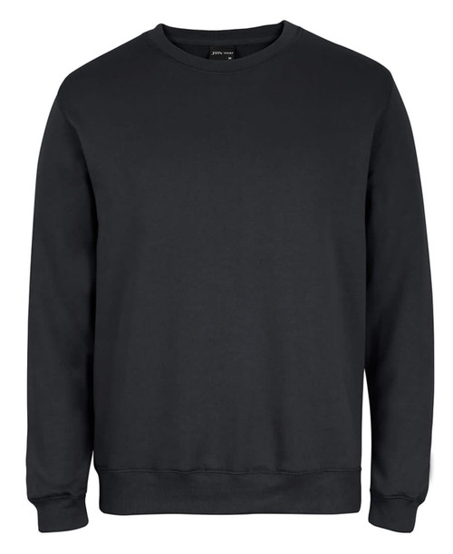 A black jumper sweater featuring a round neckline and long sleeves, with a logo near the neckline. A black jumper sweater featuring a round neckline and long sleeves, with a logo near the neckline.