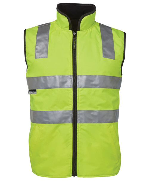 High-visibility yellow reflective vest with silver stripes and a zip front, featuring a logo on the side.