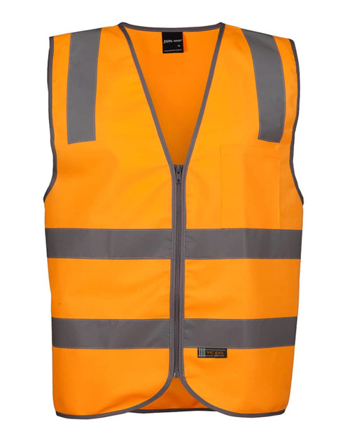 An orange safety vest featuring grey reflective stripes and a zip closure, with a front pocket and branding. An orange safety vest featuring grey reflective stripes and a zip closure, with a front pocket and branding.