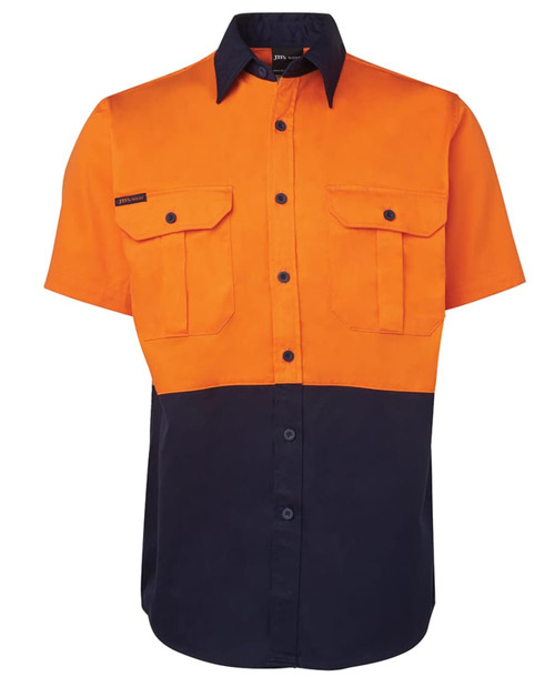 An orange and navy short-sleeve work shirt with two chest pockets and a logo.