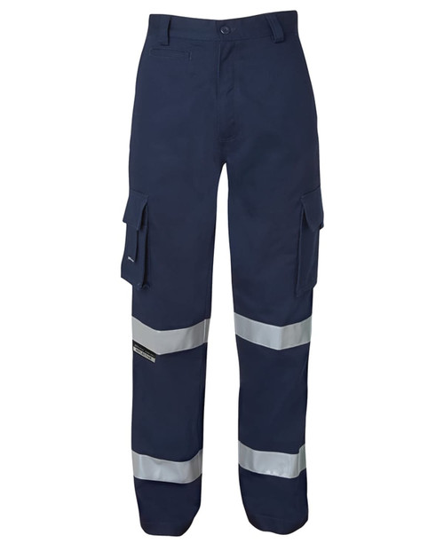 A pair of navy work pants with multiple pockets and reflective tape details. Features a logo on the product. A pair of navy work pants with multiple pockets and reflective tape details. Features a logo on the product.