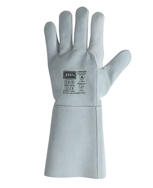 A pair of grey welder gloves featuring a logo and a long cuff design. Suitable for protective clothing accessories.