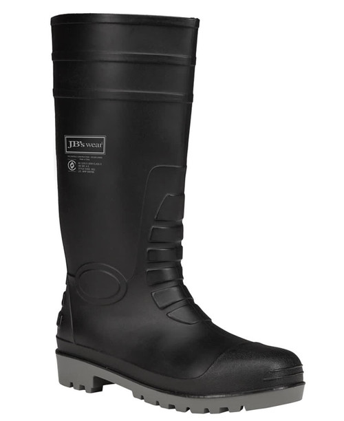 A black waterproof boot with a grey sole, featuring a logo. Designed for durability and functionality. A black waterproof boot with a grey sole, featuring a logo. Designed for durability and functionality.