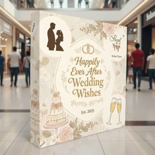 A decorative display featuring a wedding theme, with a light colour palette and images of a bride and groom.