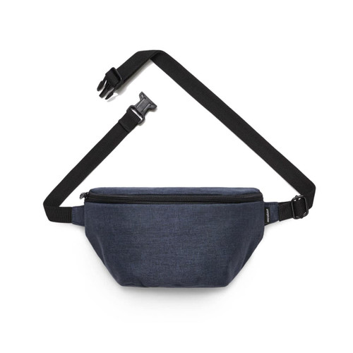 A waist bag in dark blue with a black strap and buckle, featuring a zippered compartment and a logo.