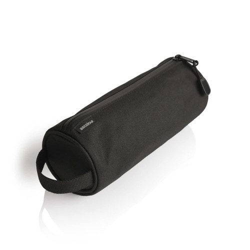 A black recycled stationery bag with a cylindrical shape, zipper closure, and a side handle. It features a logo.