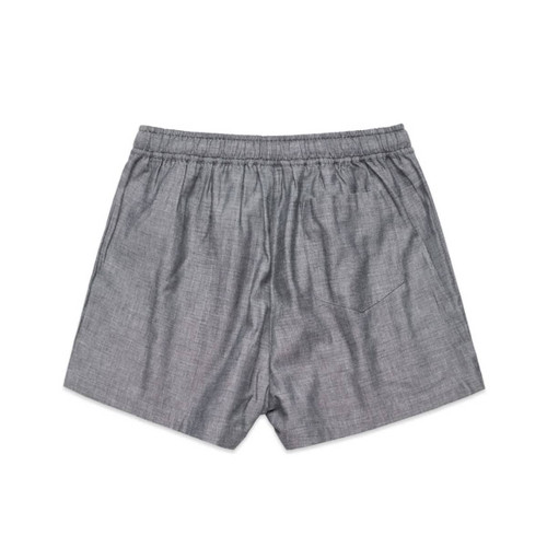 Grey dress shorts featuring an elastic waistband and a back pocket, with a logo on the waistband. Grey dress shorts featuring an elastic waistband and a back pocket, with a logo on the waistband.