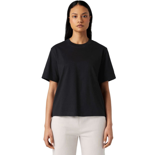 A black box tee featuring a relaxed fit and short sleeves, paired with light-coloured dress shorts.