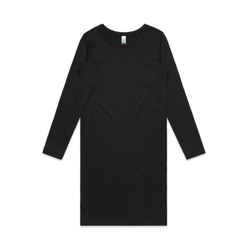 A black long-sleeve dress with a simple, sleek design and a tag featuring a logo. A black long-sleeve dress with a simple, sleek design and a tag featuring a logo.
