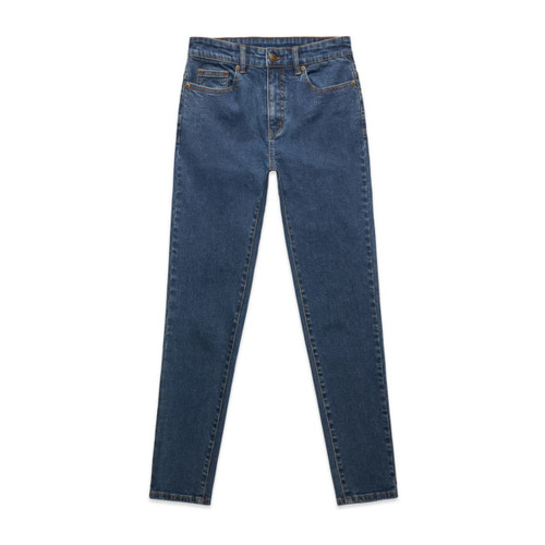 A pair of blue skinny jeans with a high waist and five pockets. Features stitching details and a branded logo. A pair of blue skinny jeans with a high waist and five pockets. Features stitching details and a branded logo.