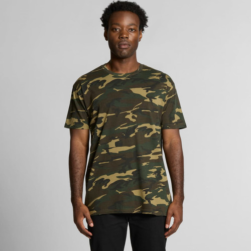 A camo-patterned T-shirt in shades of green and brown, featuring a logo on the front. A camo-patterned T-shirt in shades of green and brown, featuring a logo on the front.