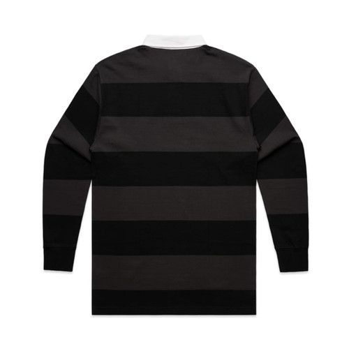 A back view of a Rugby Stripe T-shirt featuring black and grey horizontal stripes, with a white collar and a logo. A back view of a Rugby Stripe T-shirt featuring black and grey horizontal stripes, with a white collar and a logo.