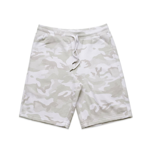 A pair of grey and white camo sports shorts with an elastic waistband and drawstring detailing. A pair of grey and white camo sports shorts with an elastic waistband and drawstring detailing.