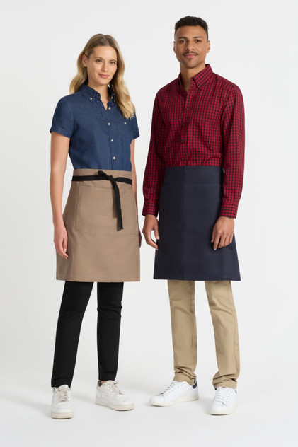 A ladies short sleeve button-up shirt in denim blue, paired with a male model in a red and black check shirt. A ladies short sleeve button-up shirt in denim blue, paired with a male model in a red and black check shirt.
