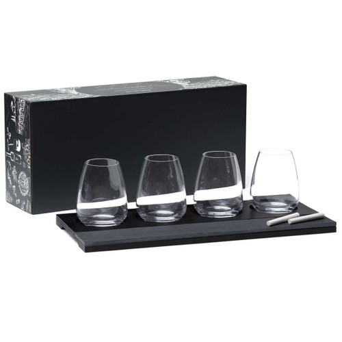A wine tasting set featuring four clear glasses on a black wooden tray, accompanied by a chalk pen and packaging. A wine tasting set featuring four clear glasses on a black wooden tray, accompanied by a chalk pen and packaging.