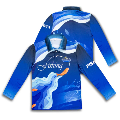A long-sleeve blue polo shirt featuring a wave design and a logo on the front and sleeve. A long-sleeve blue polo shirt featuring a wave design and a logo on the front and sleeve.