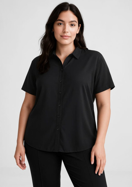 A black short sleeve blouse with a button-up front and a collared neckline, styled on a model.