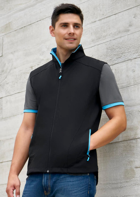 A black men's vest featuring grey sleeves and blue accents, with a zip front and side pockets. A black men's vest featuring grey sleeves and blue accents, with a zip front and side pockets.