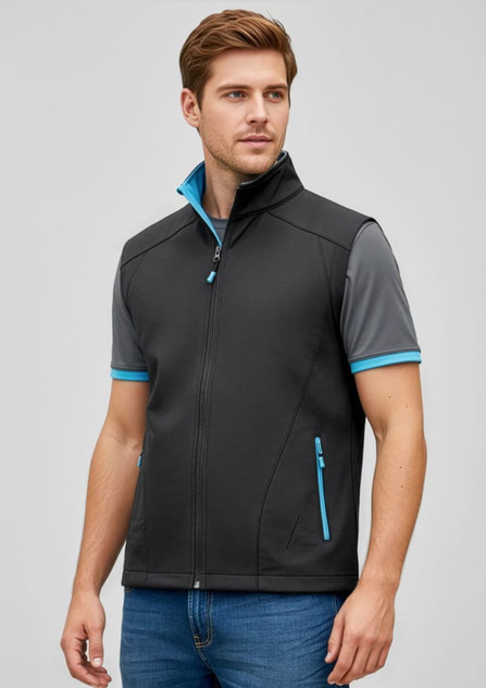 A men's vest in black and grey with blue accents, featuring a zip closure and side pockets. It has a logo.